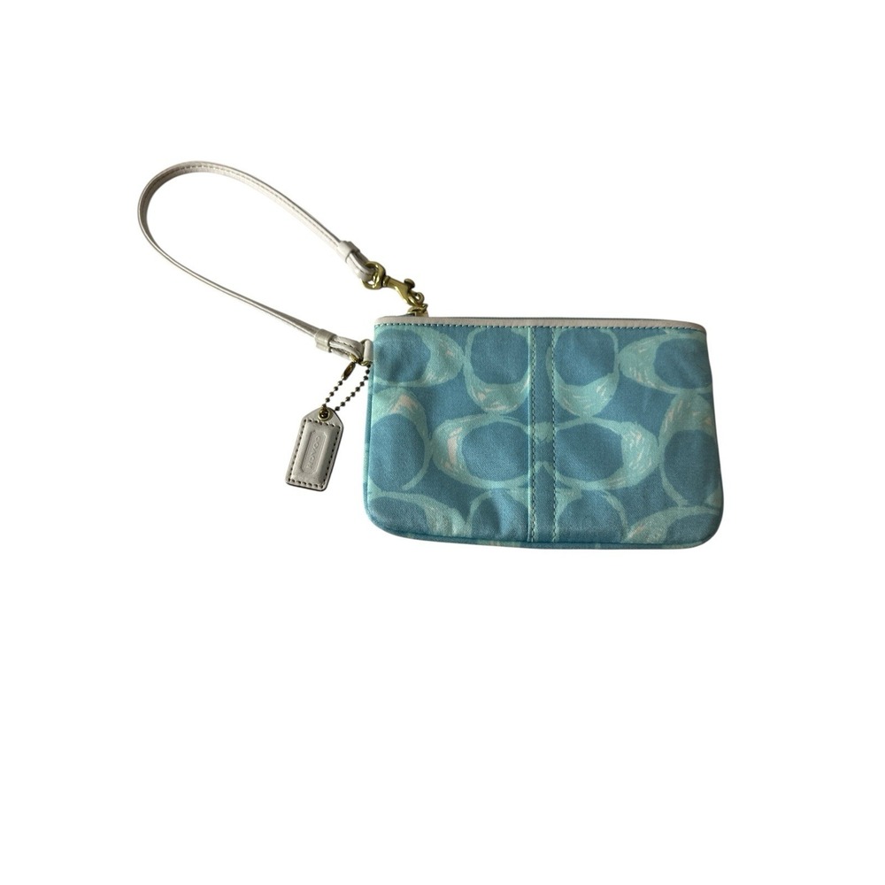 Coach Signature Blue Pastel Canvas Scribble C Wristlet w/ White Leather Trim